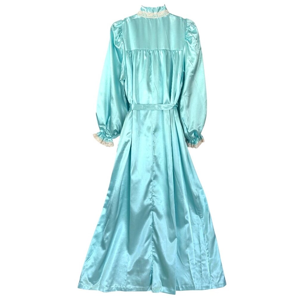 size S Vintage Aqua Satin Robe Lace Trim Silkalure Women's Long Sleeves Belted s - Picture 2 of 9